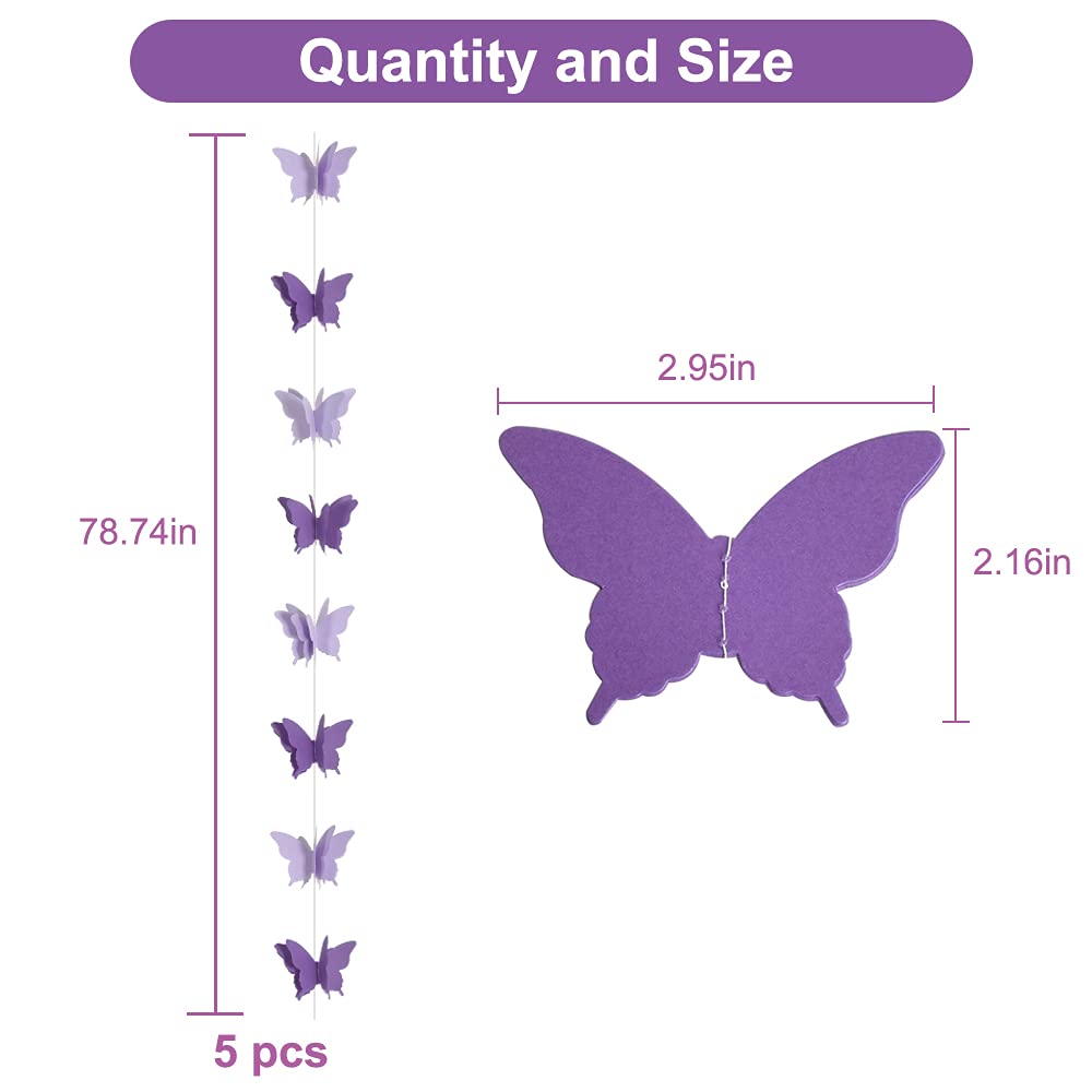 Beishida 5Pcs Purple Lavender Butterfly Paper Garland Hanging Decorative Banner For Halloween Home Ceiling Decor Birthday Party